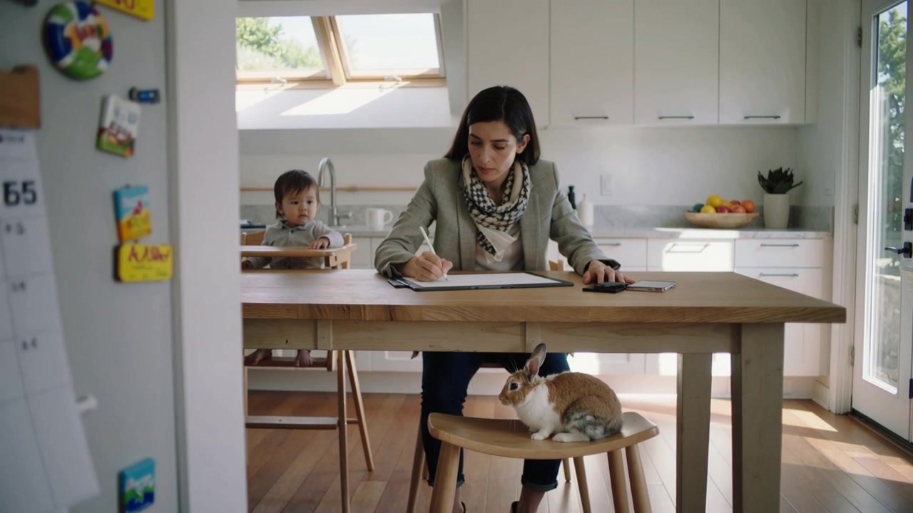 Mulher de blazer escrevendo, trabalhando remotamente em tablet à mesa da cozinha, com criança pequena em cadeirão observando.