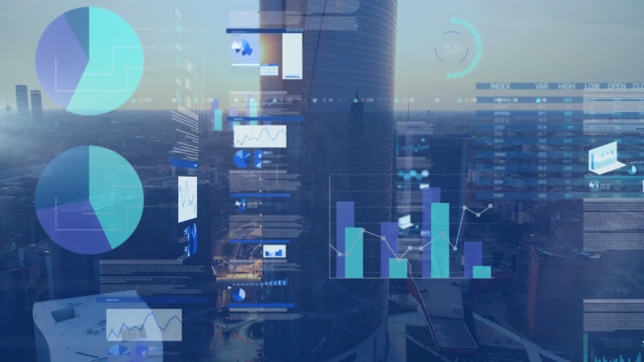 Animation af forskellige data og grafer over bylandskab ved solnedgang