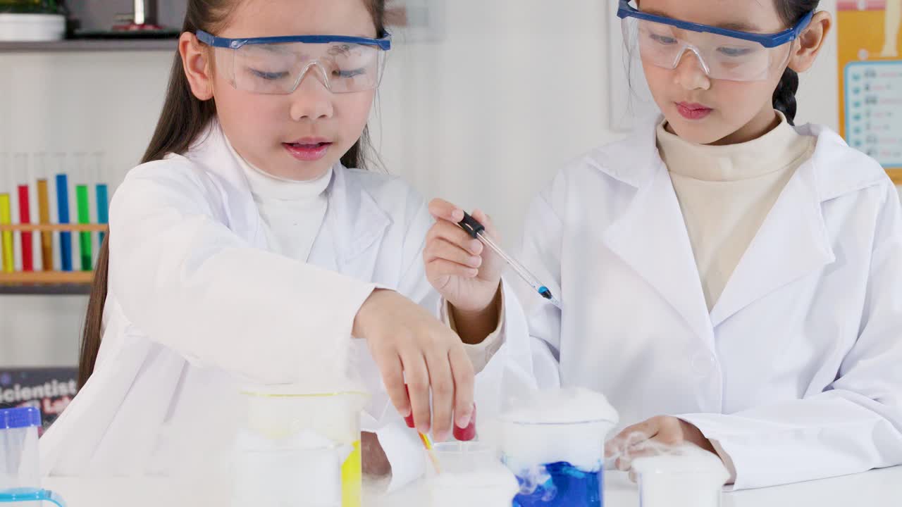 Unge studerende bærer sikkerhedsbriller og laboratoriekittel, mens de bruger pipetter til et kemieksperiment.