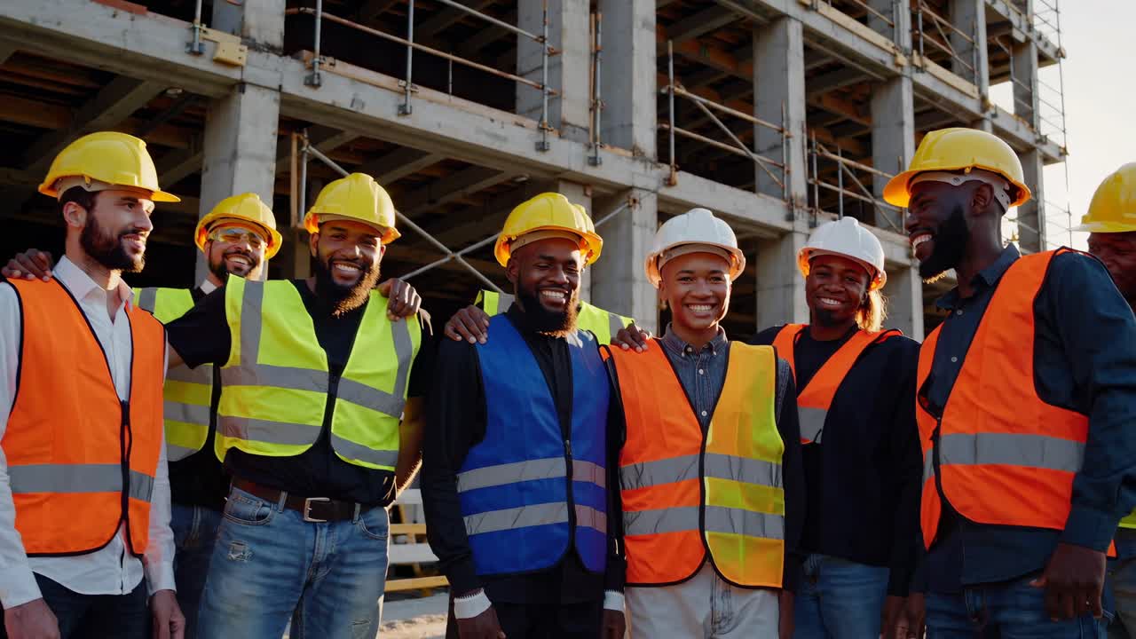 Group of construction workers in safety gear smiling at a building site