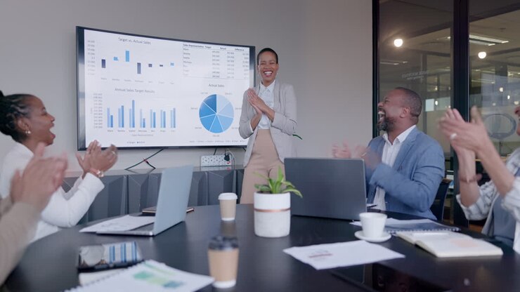 Clapping, African woman and office presentation