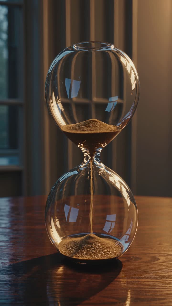 A close-up video of a glass hourglass on a wooden table, capturing sand flowing, symbolizing time