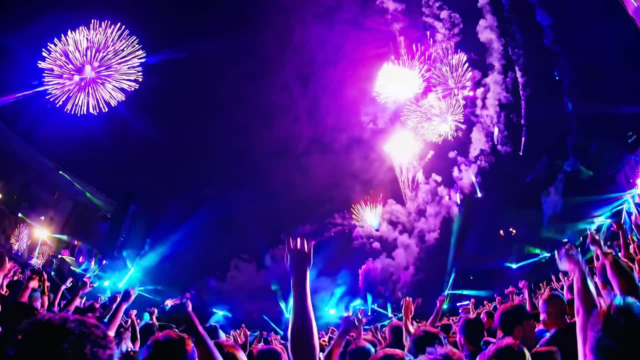 Vibrant concert video scene with a low-angle view of a cheering crowd and colorful fireworks