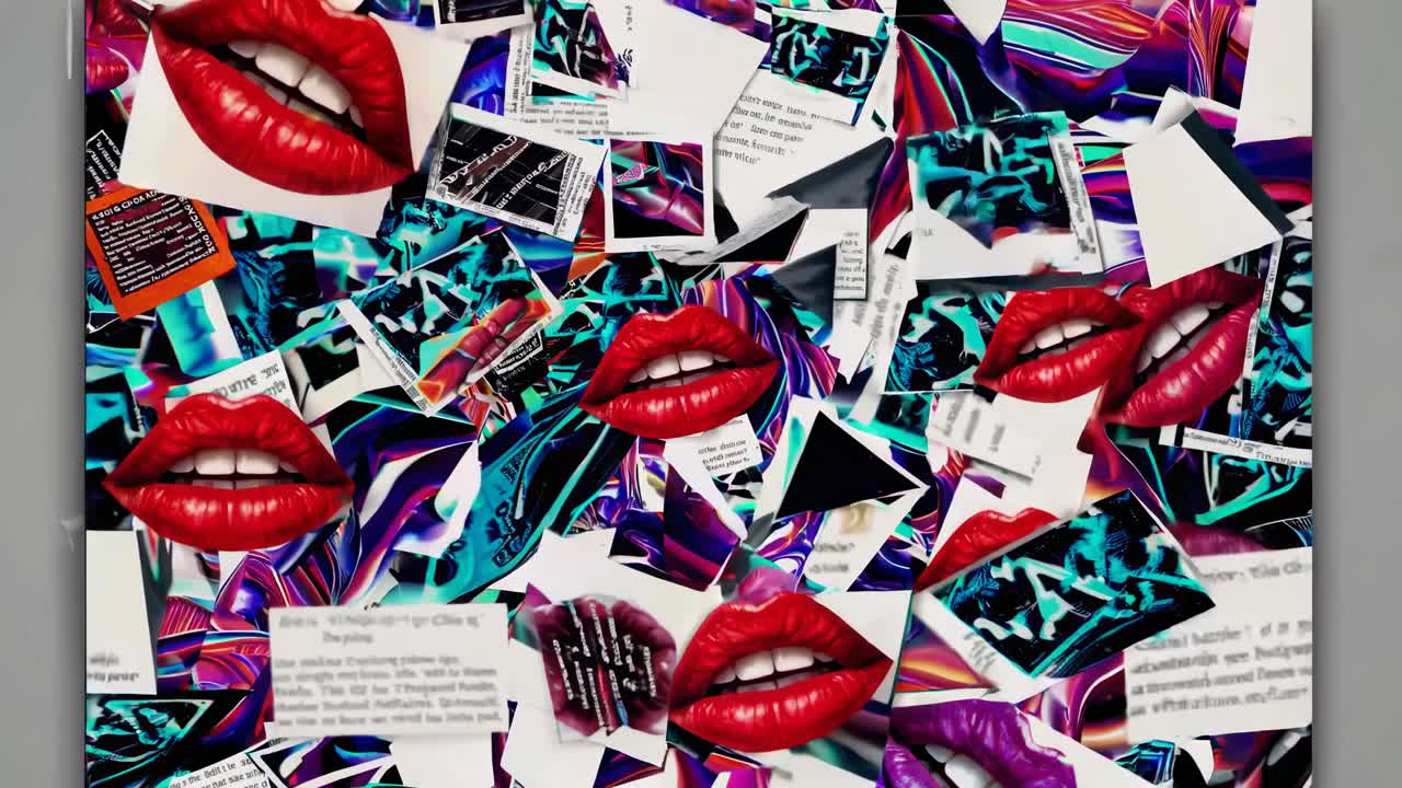 입술과 텍스트를 가진 추상적인 콜라지