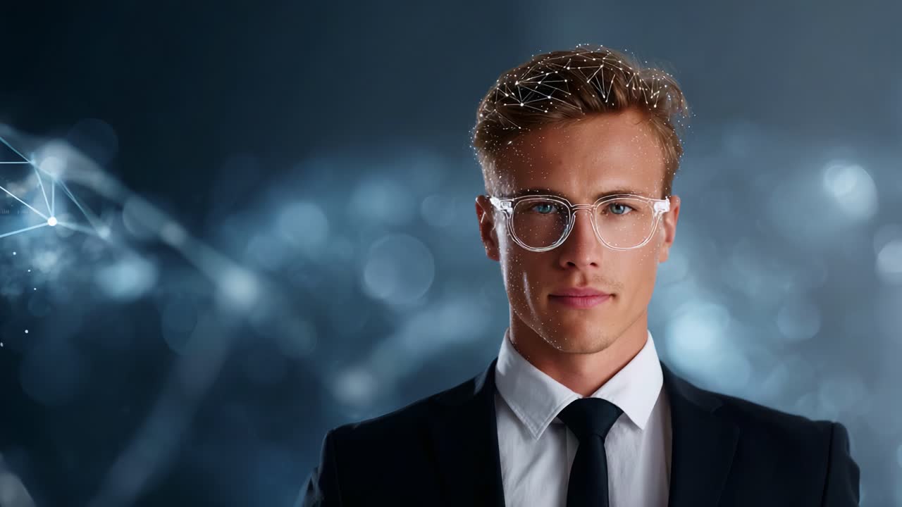 Confident Young Professional with Glasses in a Cinematic Setting, Emphasizing Futuristic Technology and Visionary Concepts with a Dramatic Background