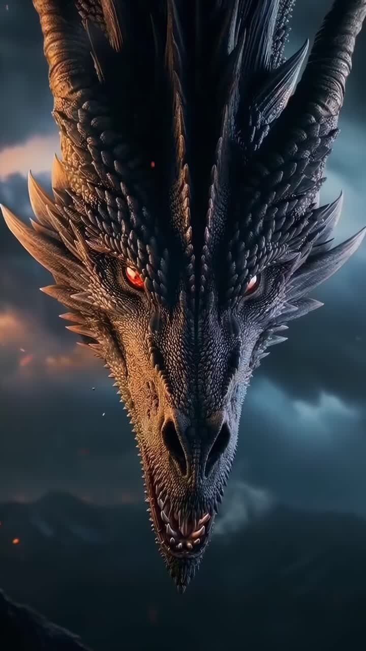 Epic close-up of a dragon's face, captured from a low angle, perfect for fantasy video content