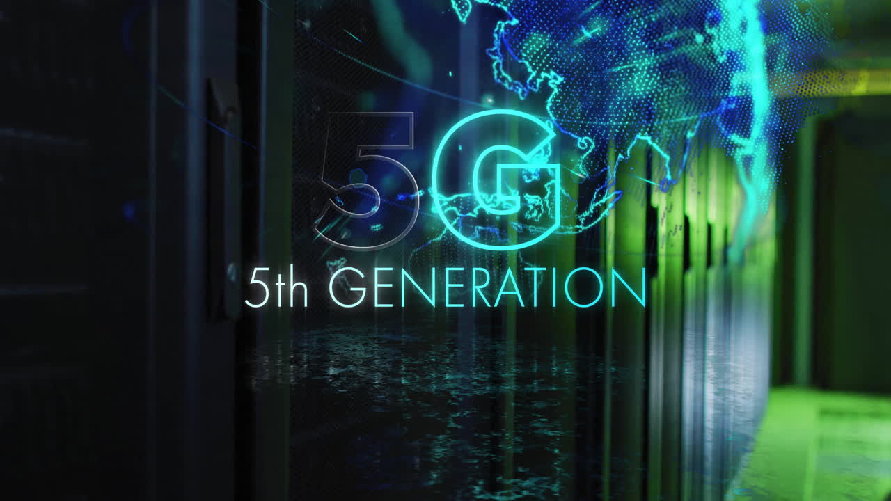 Animace textu 5G 5. generace a digitálního zpracování dat nad počítačovými servery