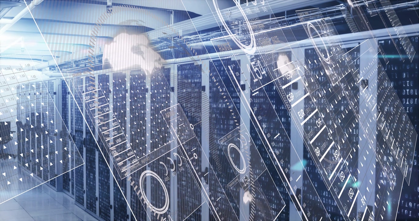 Network ping launching HUD, server racks sliding past camera, charts rotating, showing FX metrics