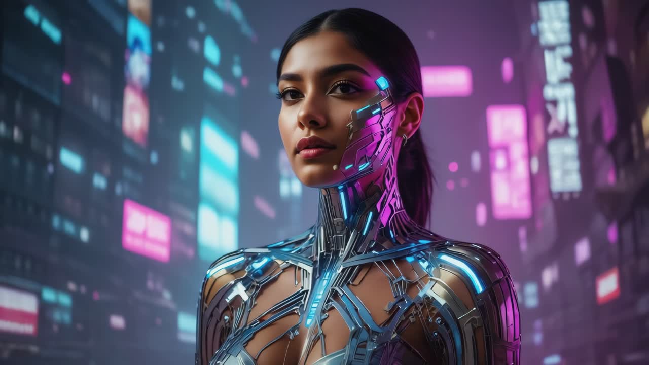 Futuristic Cyborg Woman in Cyberpunk City
