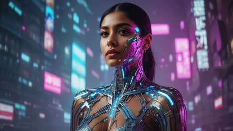 futuristic cyborg woman in cyberpunk city