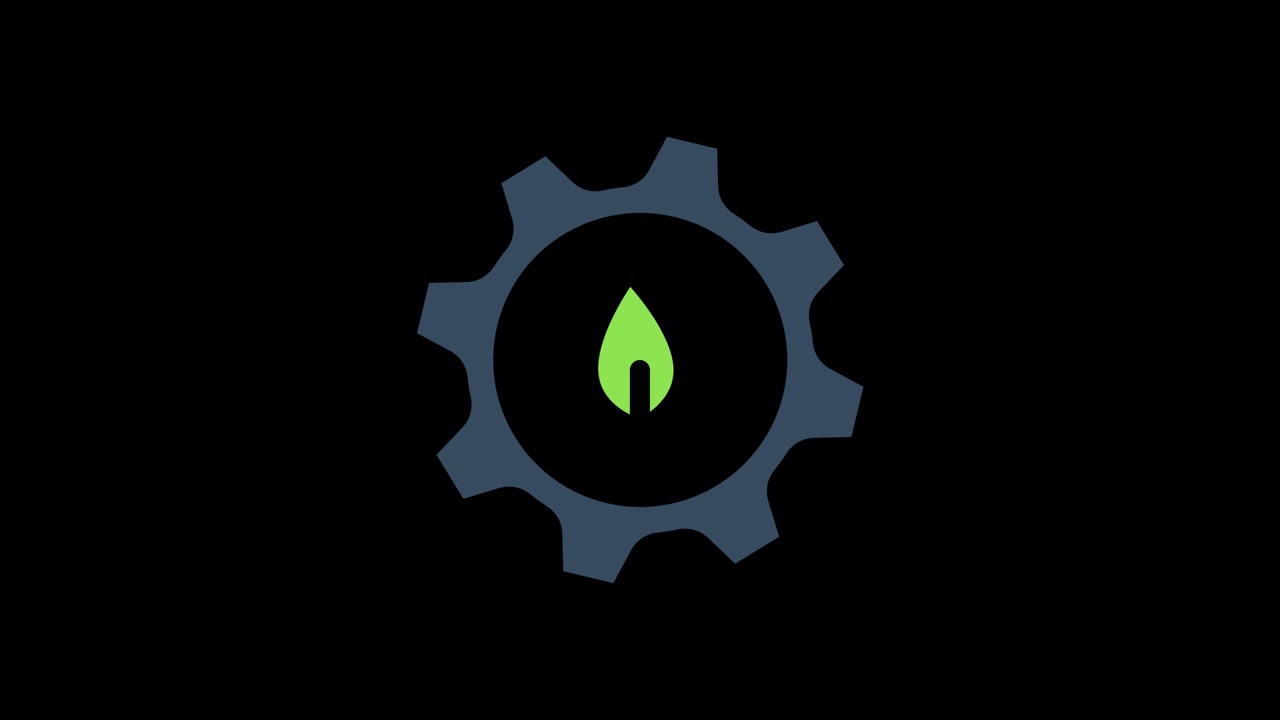 Animated Gear Icon with Green Leaf Symbol on Black Background