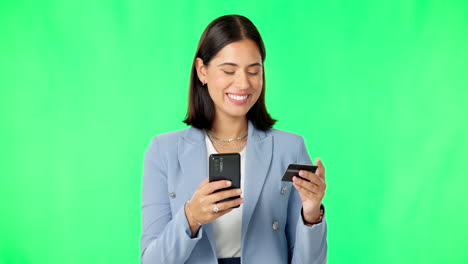 Business-woman,-phone-and-credit-card-on-green