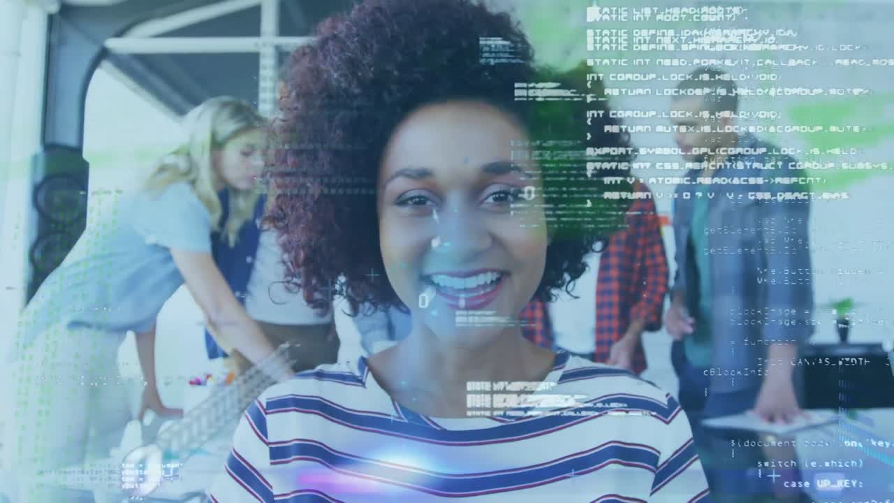 Animation of data processing over happy businesswoman