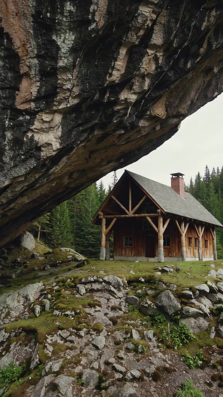 Cabin Under a Rock Overhang in a Forest