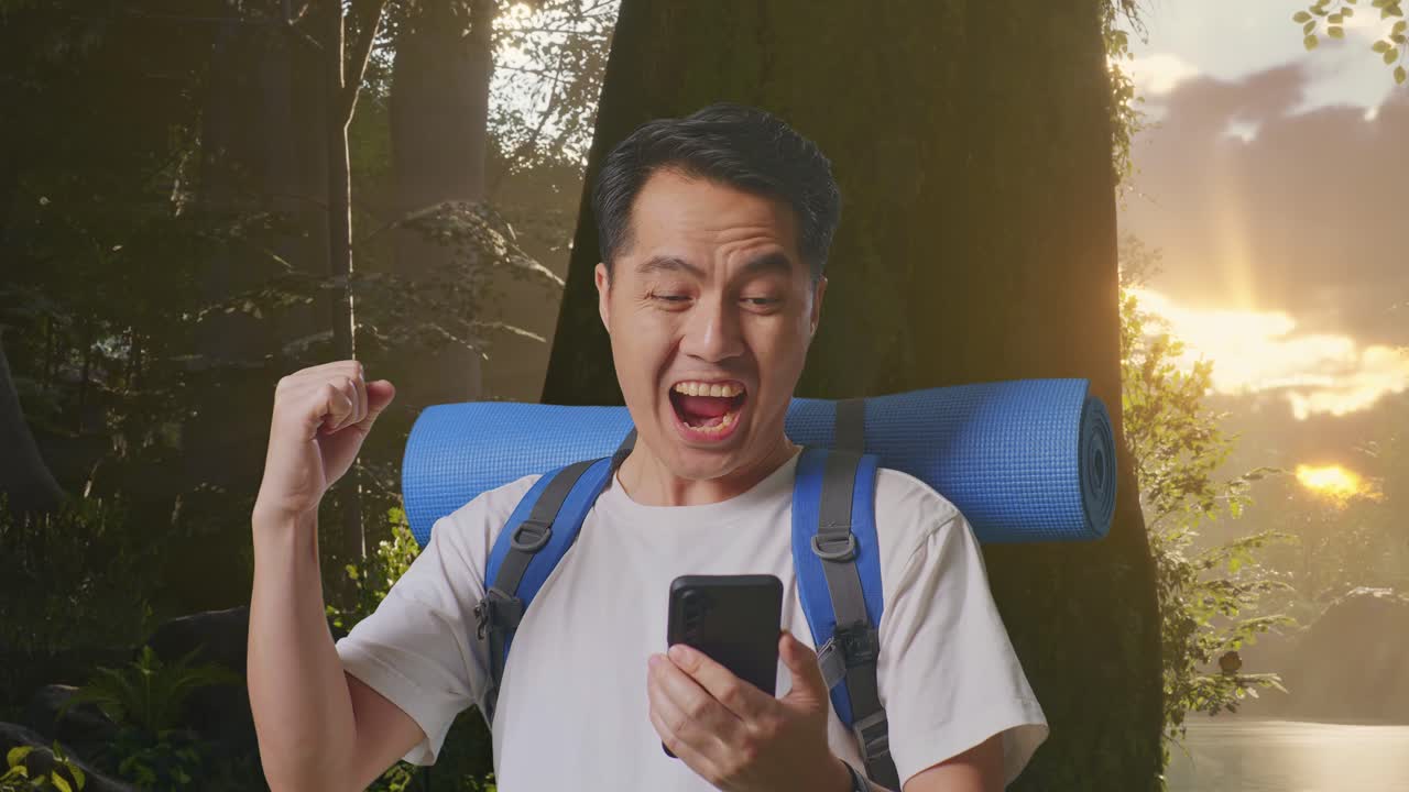 행복 한 사람 이 산책 하는 동안 좋은 소식 을 축하 하고 있다