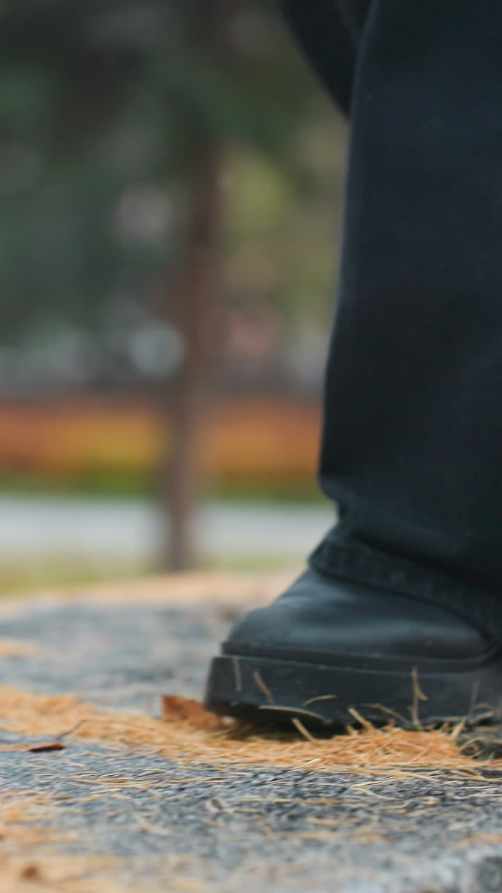 Leg of person in black trousers and black boots carefully walking on wide wet stone path during rainy autumn day with fallen pine needles scattered around and blurred park scenery in background