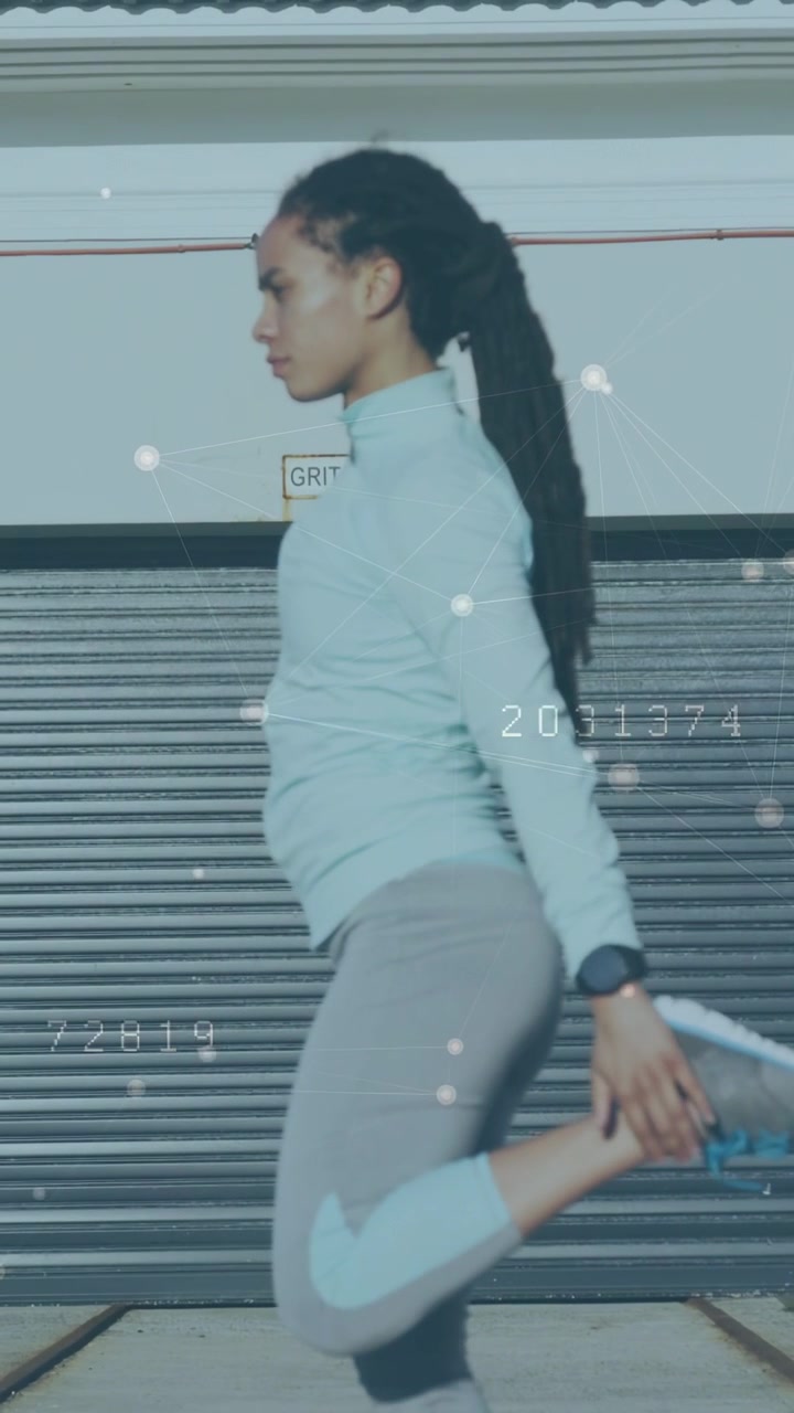 Vertical video: Woman stepping, grabbing foot for quad stretch warmup, HUD timecode dots tracking