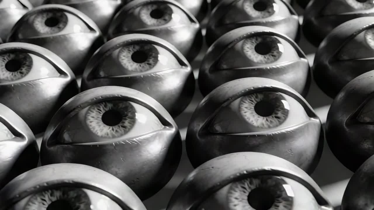 De camera begint met een strakke close-up en trekt dan terug, waardoor glanzende modelogen in een raster met zichtbare textuur worden onthuld