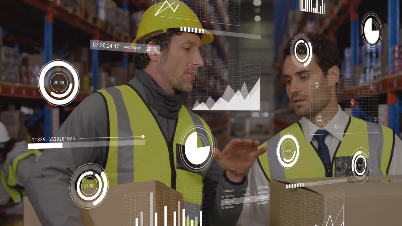 animación de gráficos, barras, círculos, compañeros de trabajo caucásicos con cajas de cartón hablando en el almacén