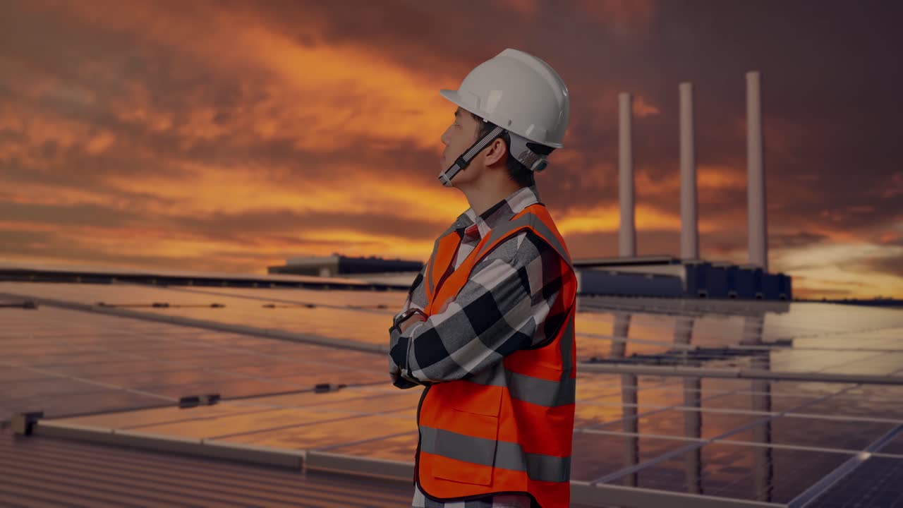 Side View Of Asian Male Engineer With Safety Helmet Crossing His Arms And Looking Around While Standing, Inspecting Solar Panels on Rooftop at Sunset