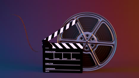 tabla de clapper y cinta de película giratoria, renderización en 3d.