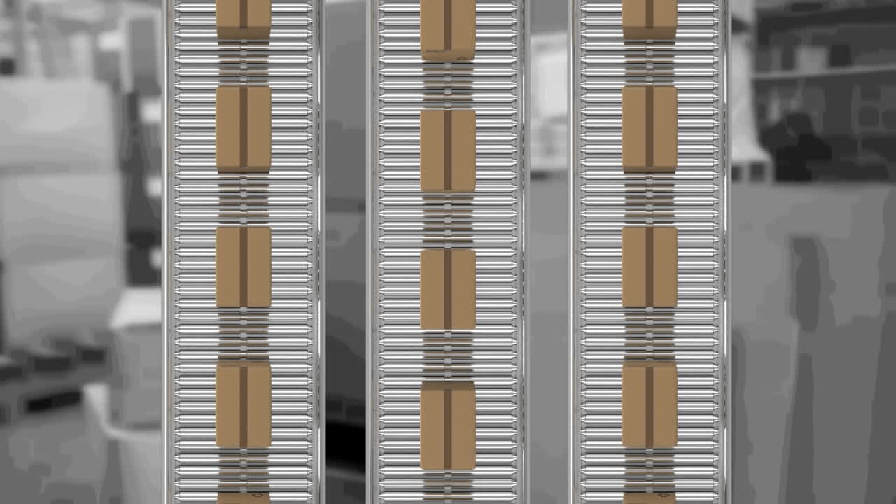 창고 위에서 컨베이어 벨트에 움직이는 카드보드 상자의 애니메이션