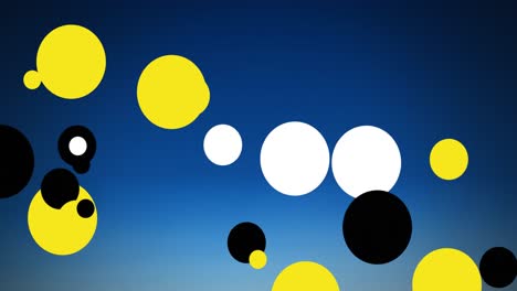 animation of yellow, black and white spots floating on blue background