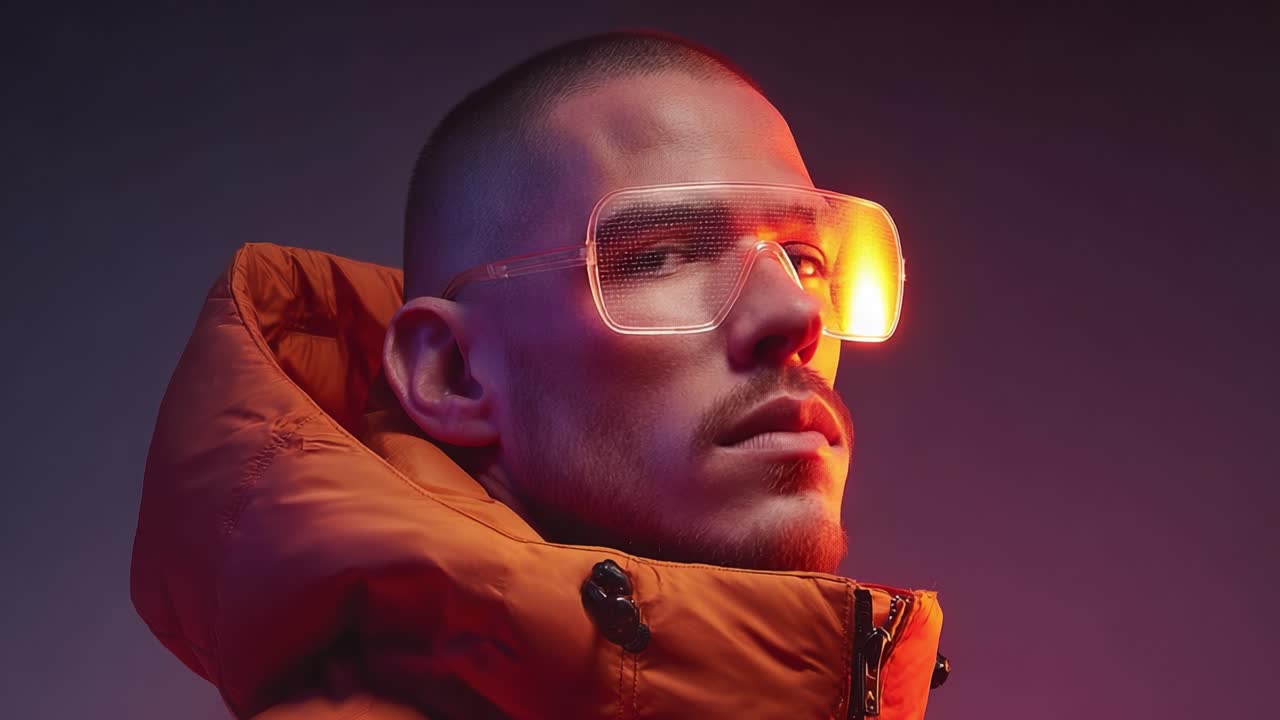 Et slående portræt af en fashionabel person i en orange pufferjakke med unikke, gennemsigtige briller mod en levende baggrund