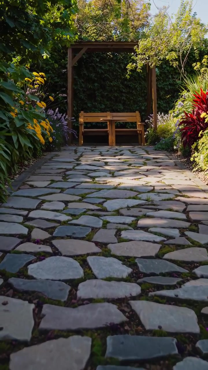 Wooden Bench in a Lush Sunlit Garden
