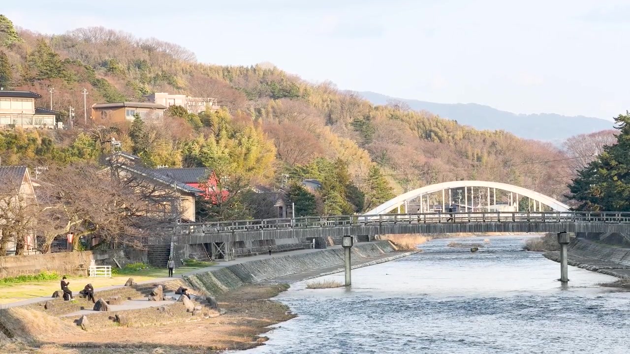 Ampia inquadratura statica del tranquillo paesaggio del fiume Asano con ponti tradizionali in legno a Kanazawa.