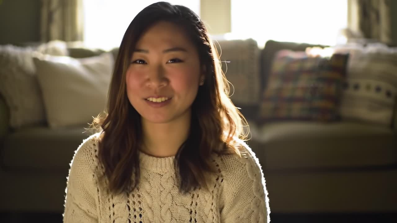 A Moment of Joy: Capturing the Essence of Happiness in Natural Light with a Smiling Young Woman in a Cozy Living Room
