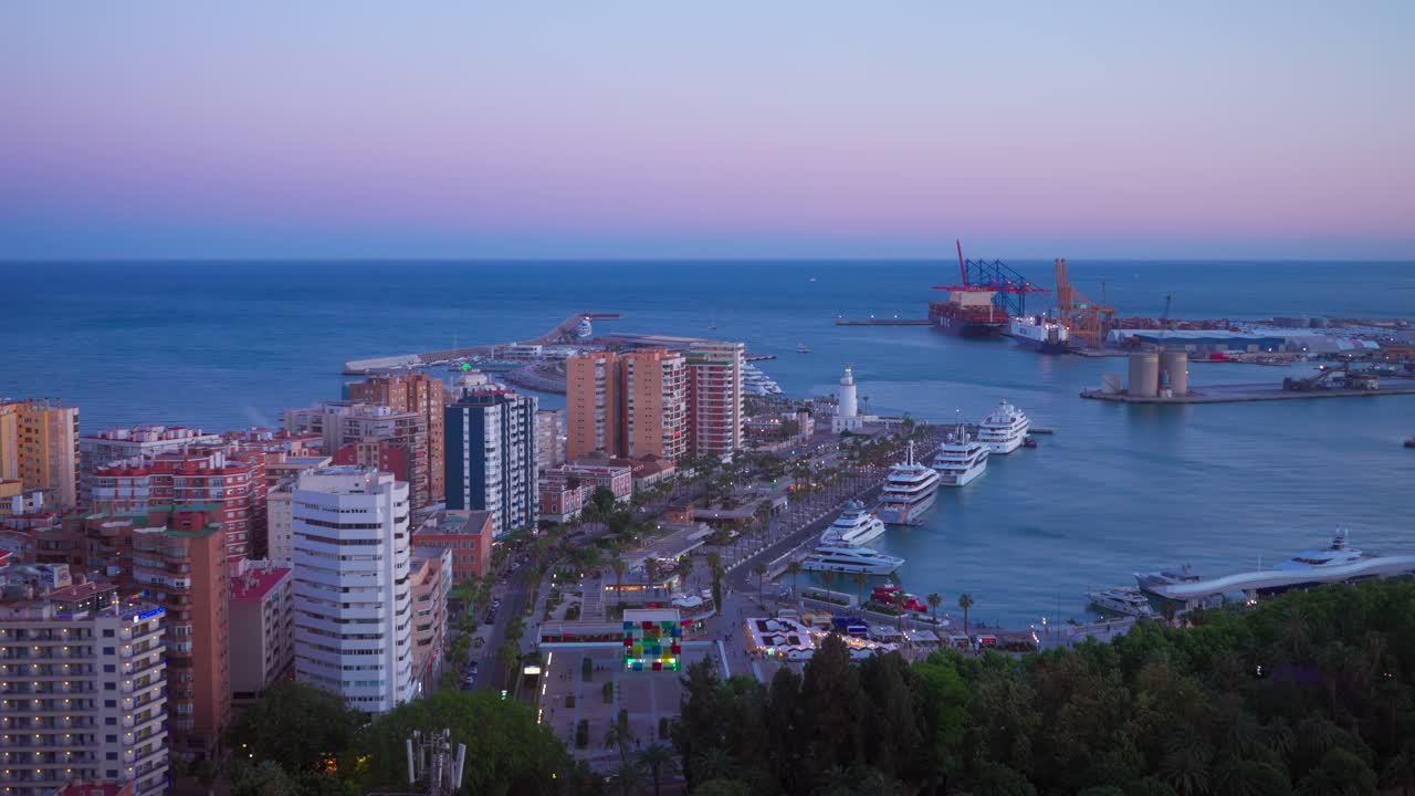 Coastline of Malaga during sunset, panning left to right, Andalusia, Spain