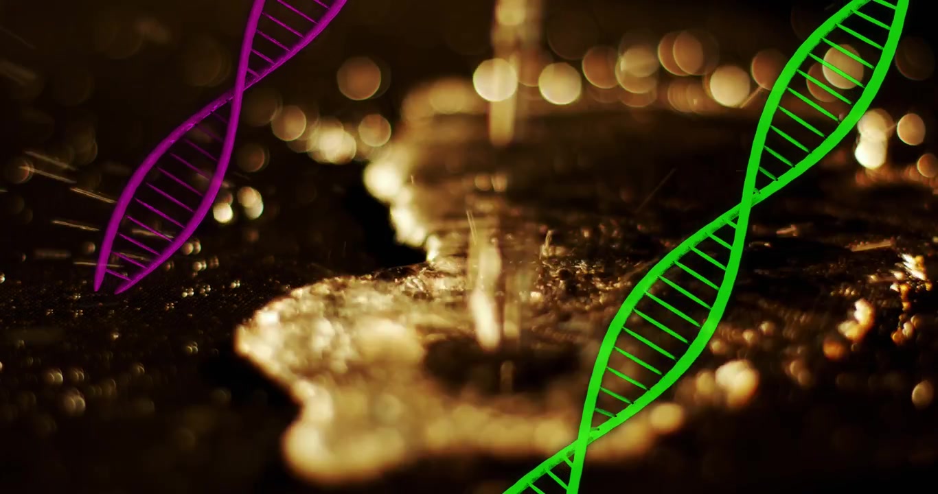 Animatie van dennentakken over een draaiende kerst-DNA-streng.