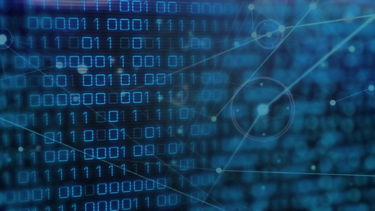 Animation of binary coding data processing over screen on blue background
