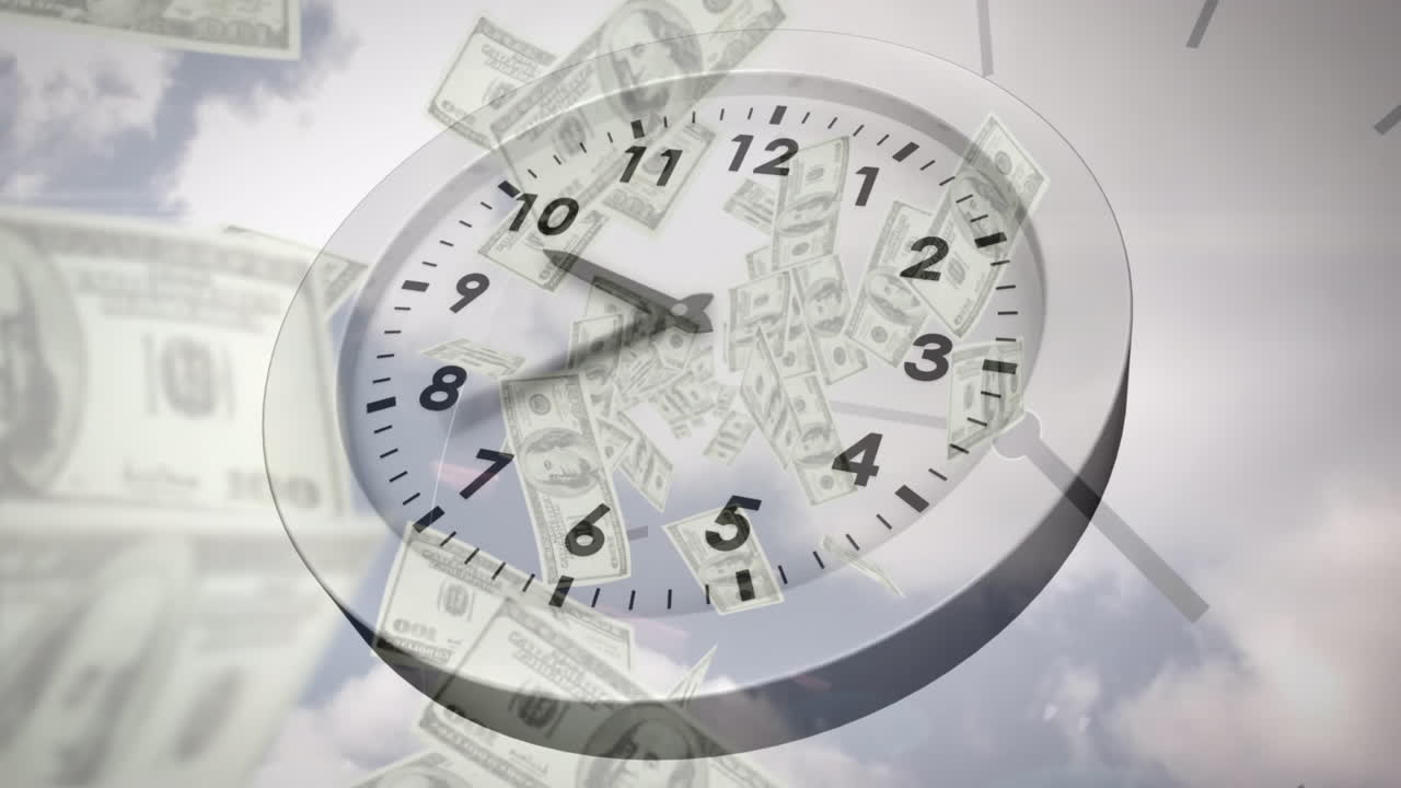 animación del tictac de reloj sobre billetes de dólares estadounidenses