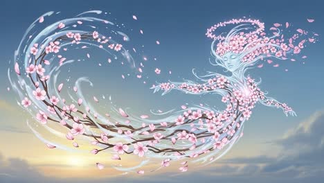 a mesmerizing spirit of nature gracefully glides through the air, surrounded by delicate cherry blossoms and flowing water, embodying the essence of spring's beauty