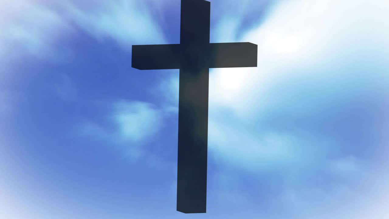 Scene starting with dark 3D cross filling center while clouds drifting and flare showing contrast
