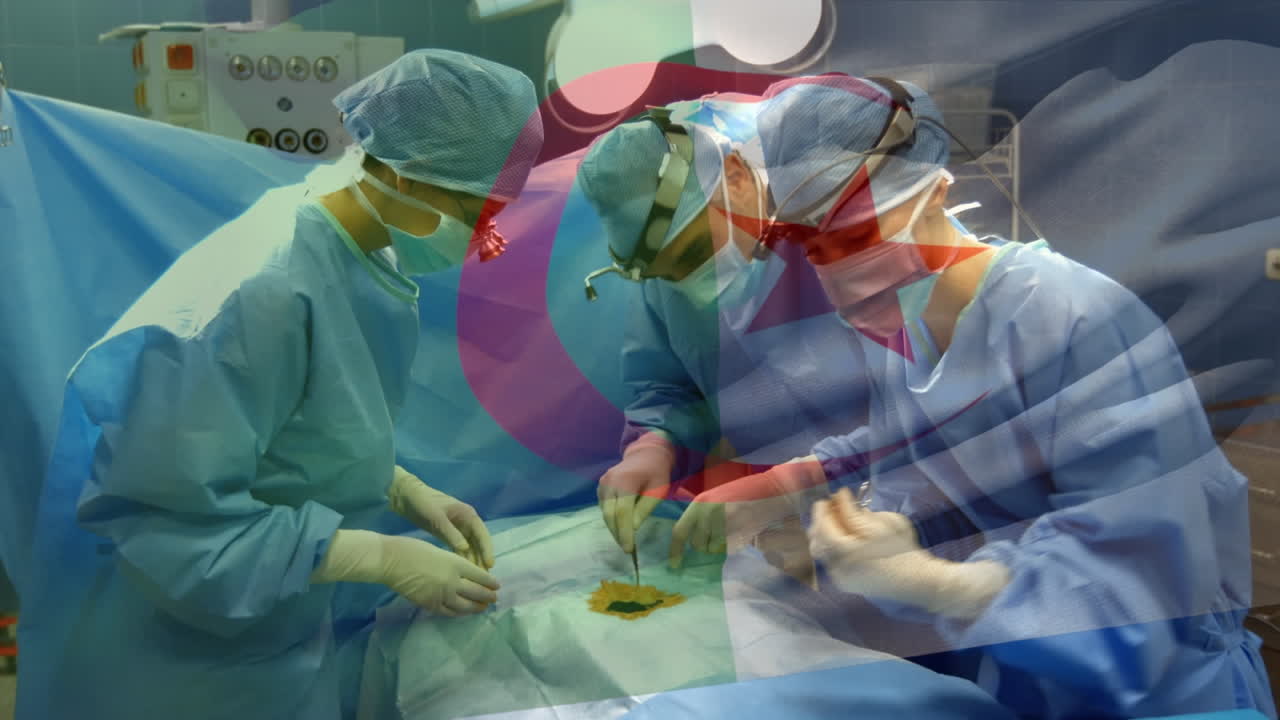 animación de la bandera de argelia ondeando sobre los cirujanos en el quirófano