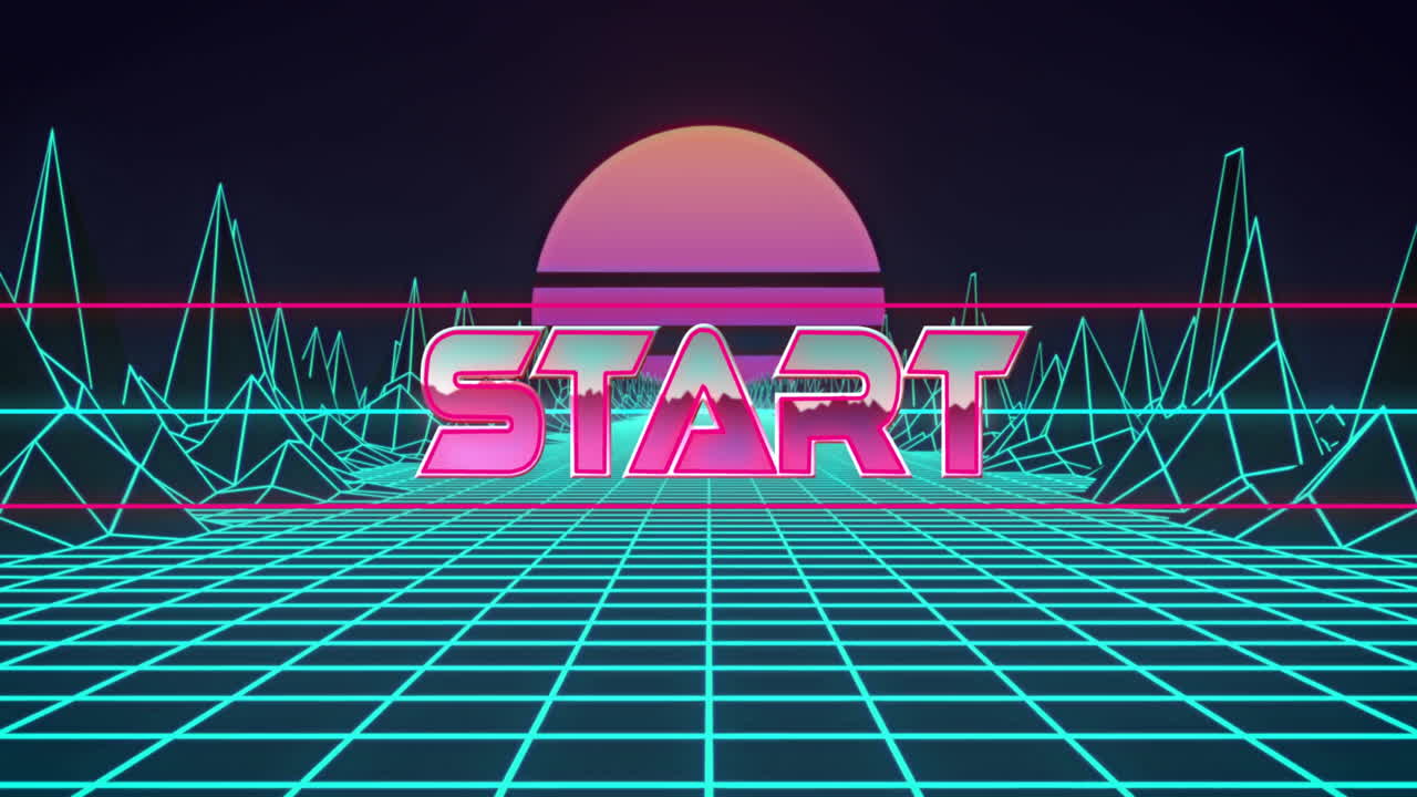 Animation of start text over digital sun and mountains