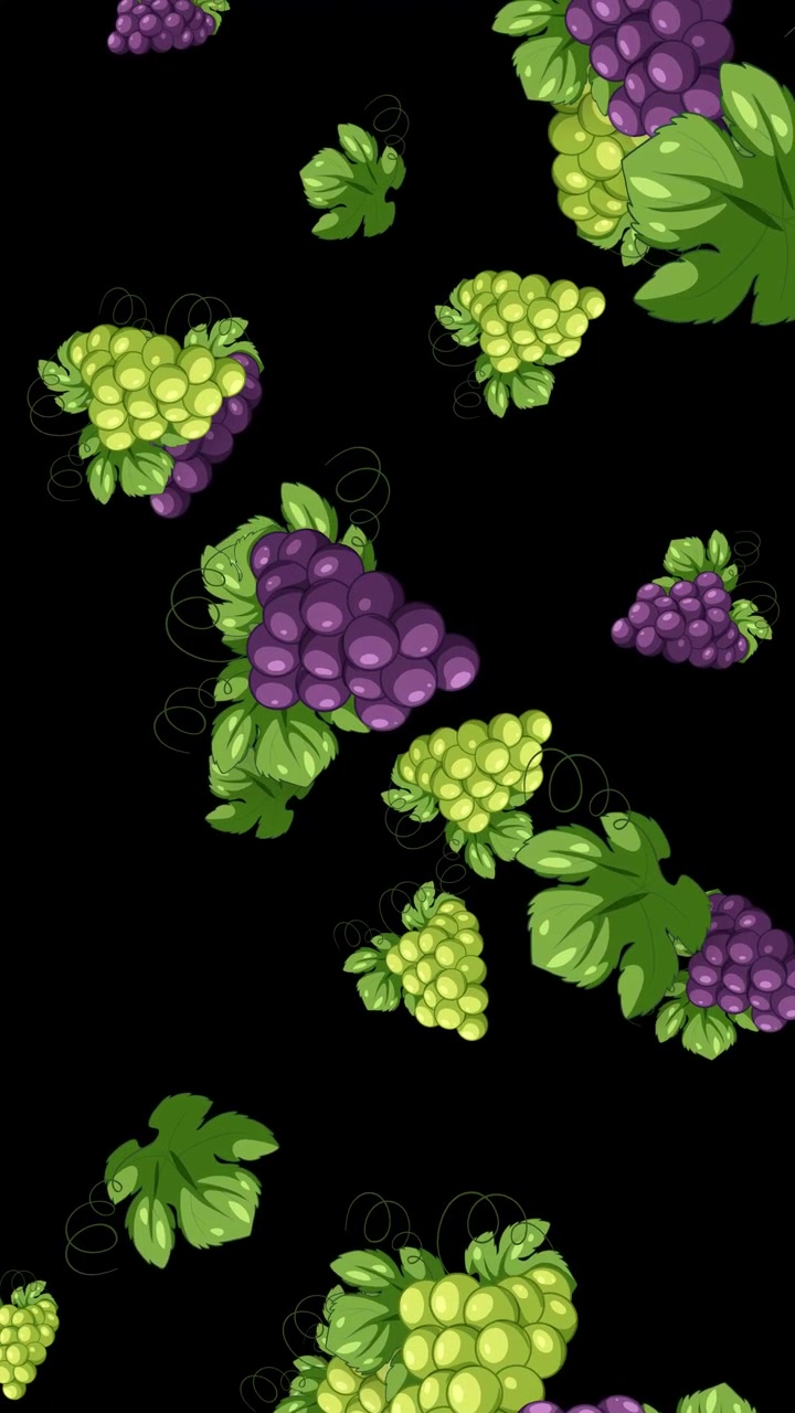 Grappoli stilizzati di uva verde e viola che cadono verticalmente su uno sfondo nero solido