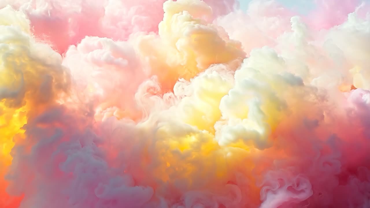 A colorful cloud of pink, yellow and orange smoke. The smoke is billowing and swirling, creating a sense of movement and energy. The colors are bright and vibrant, evoking feelings of joy