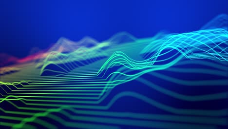 concepto de flujo de información de alta tecnología, blockchain. bg de alta tecnología con partículas de brillo forman estructura compleja. espacio digital de ciencia ficción en bucle 3d, las partículas forman líneas y ondas de superficie. dof