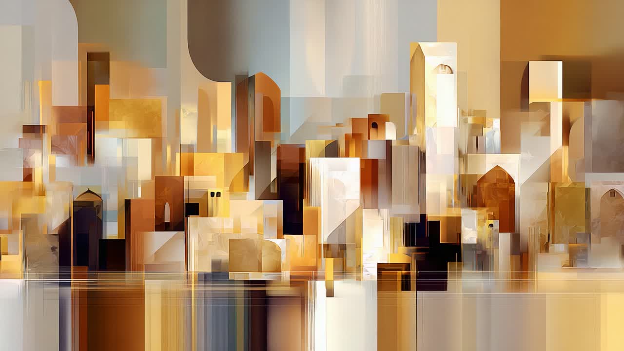 An Abstract Interpretation of Architectural Structures: A Colorful Display of Cubes and Shapes in a Harmonious Blend of Warm Tones and Edges Representing Urban Landscapes