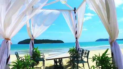 luxury white sand beach with canopies in langkawi island malaysia