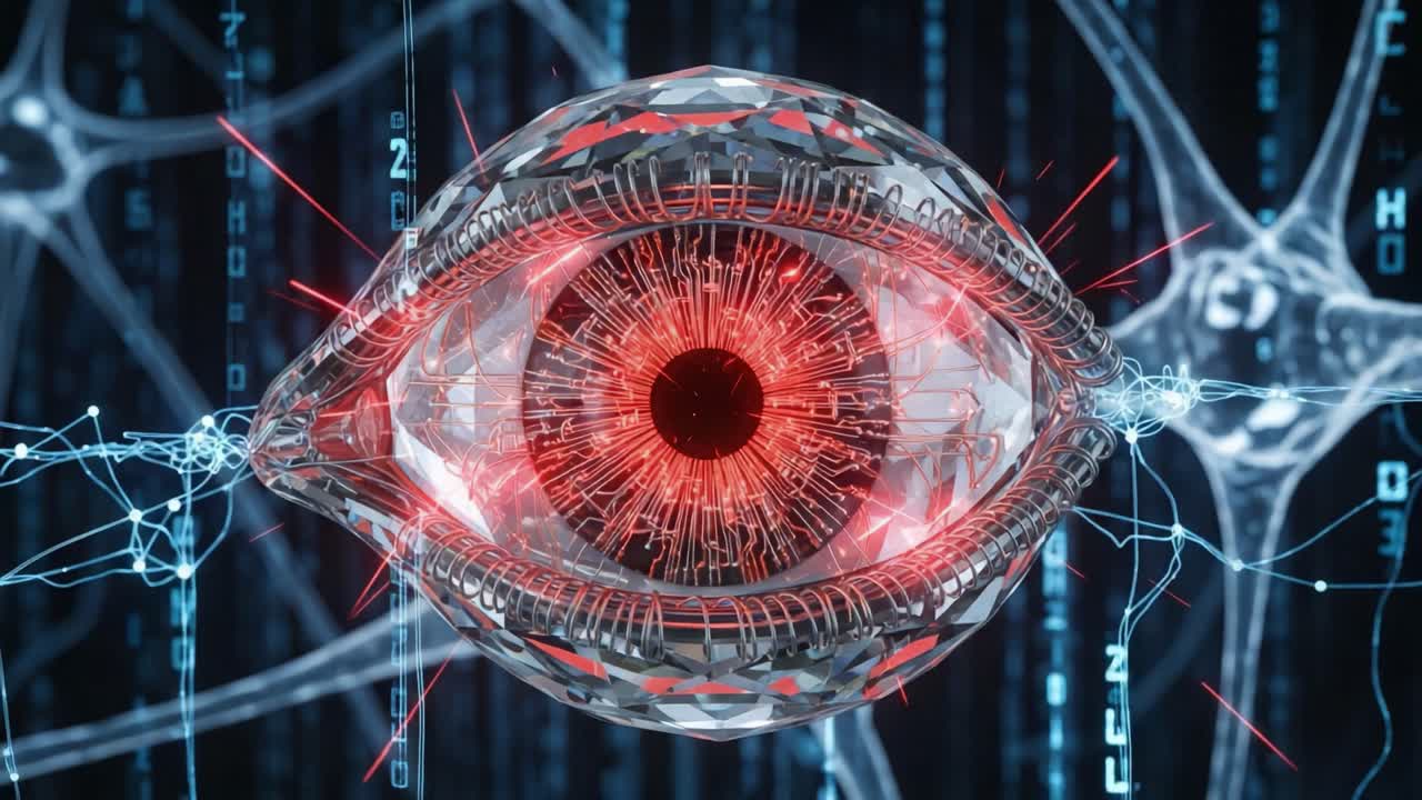 A Futuristic Cybernetic Eye Showcasing Advanced Neural Technology Surrounded by Digital Data Streams and Neural Connections, Symbolizing Vision and Intelligence