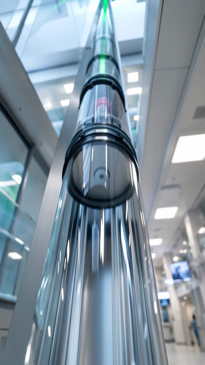 Vertical glass column with liquid movement is viewed from below inside bright architectural space, highlighting clear materials, metallic reflections, smooth surfaces, and changing highlights.