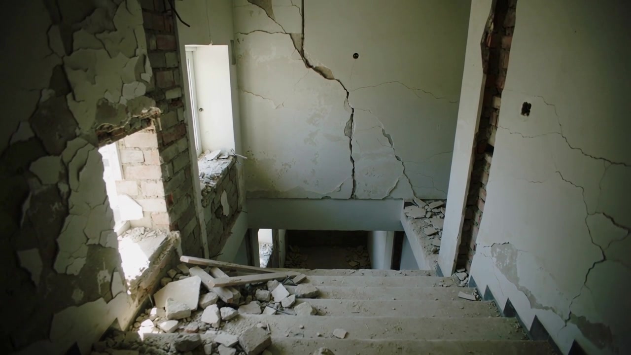 Alejándose, la cámara se inclina hacia arriba revelando escaleras en un edificio en ruinas, mostrando daños y varillas.