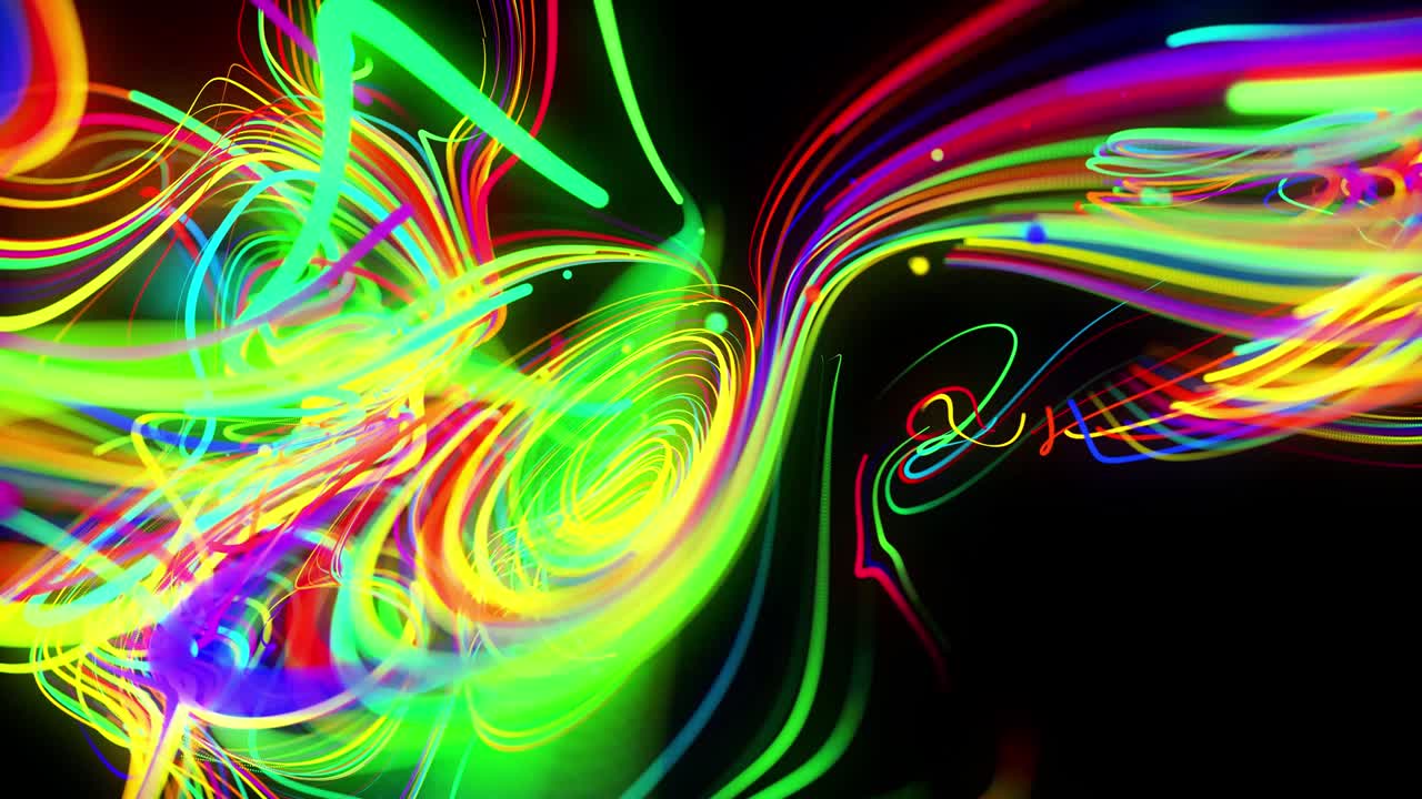 el flujo de fondo abstracto de las líneas de brillo. las partículas de luces en funcionamiento se forman en el espacio 3d brillando hermosas líneas curvas como una bola de cables quemándose con luz de neón. hermoso fondo creativo en bucle en 4k.
