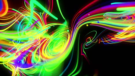 abstract background flow of glow lines. running lights particles form in 3d space glowing beautiful curved lines like ball of wires burning with neon light. beautiful looped creative background in 4k.