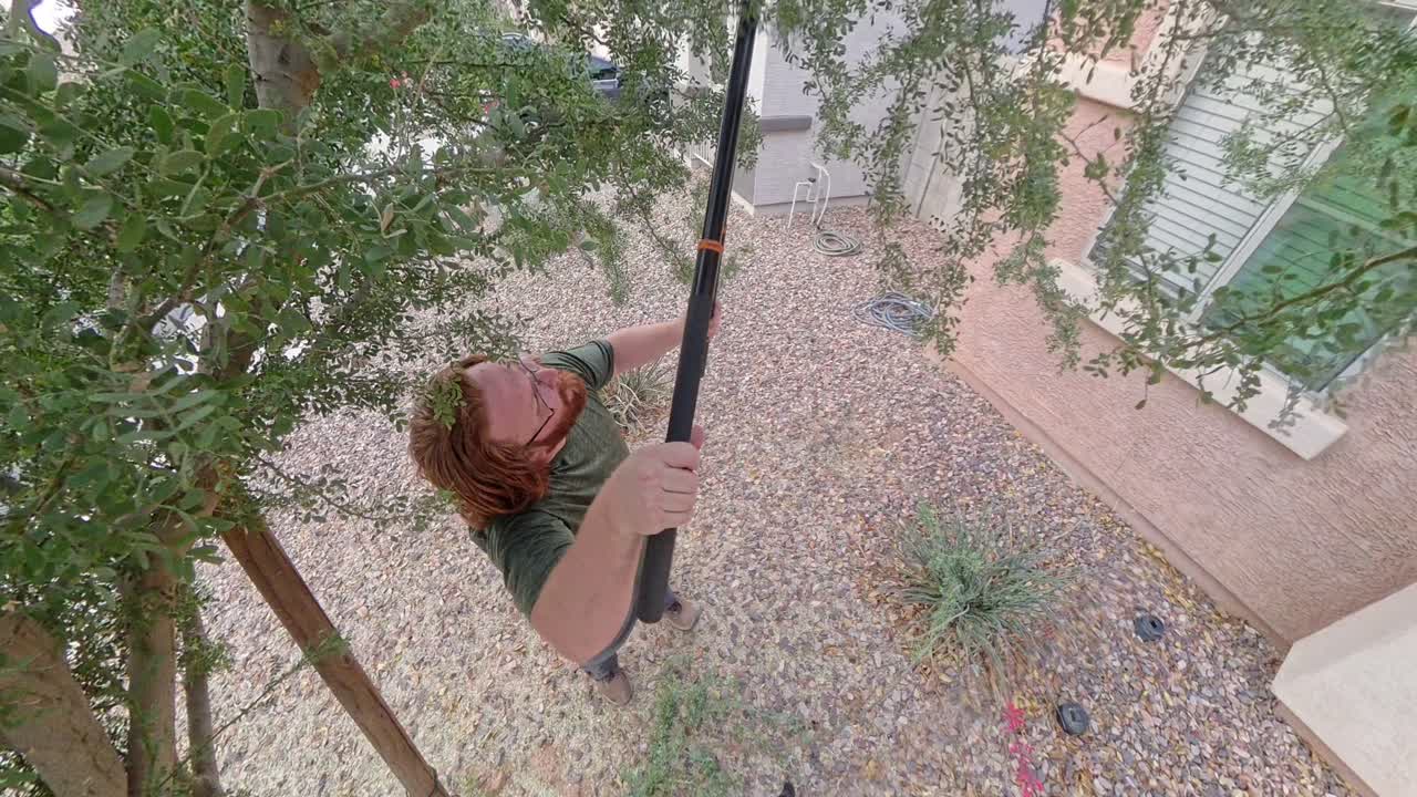 Top down view of a red haired man cutting a tree in their front yard.